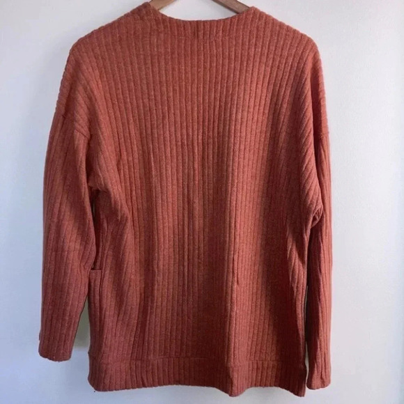 Ginger G Cardigan Medium Terracotta Button Front V-Neck Ribbed Sweater Pockets - Picture 3 of 6